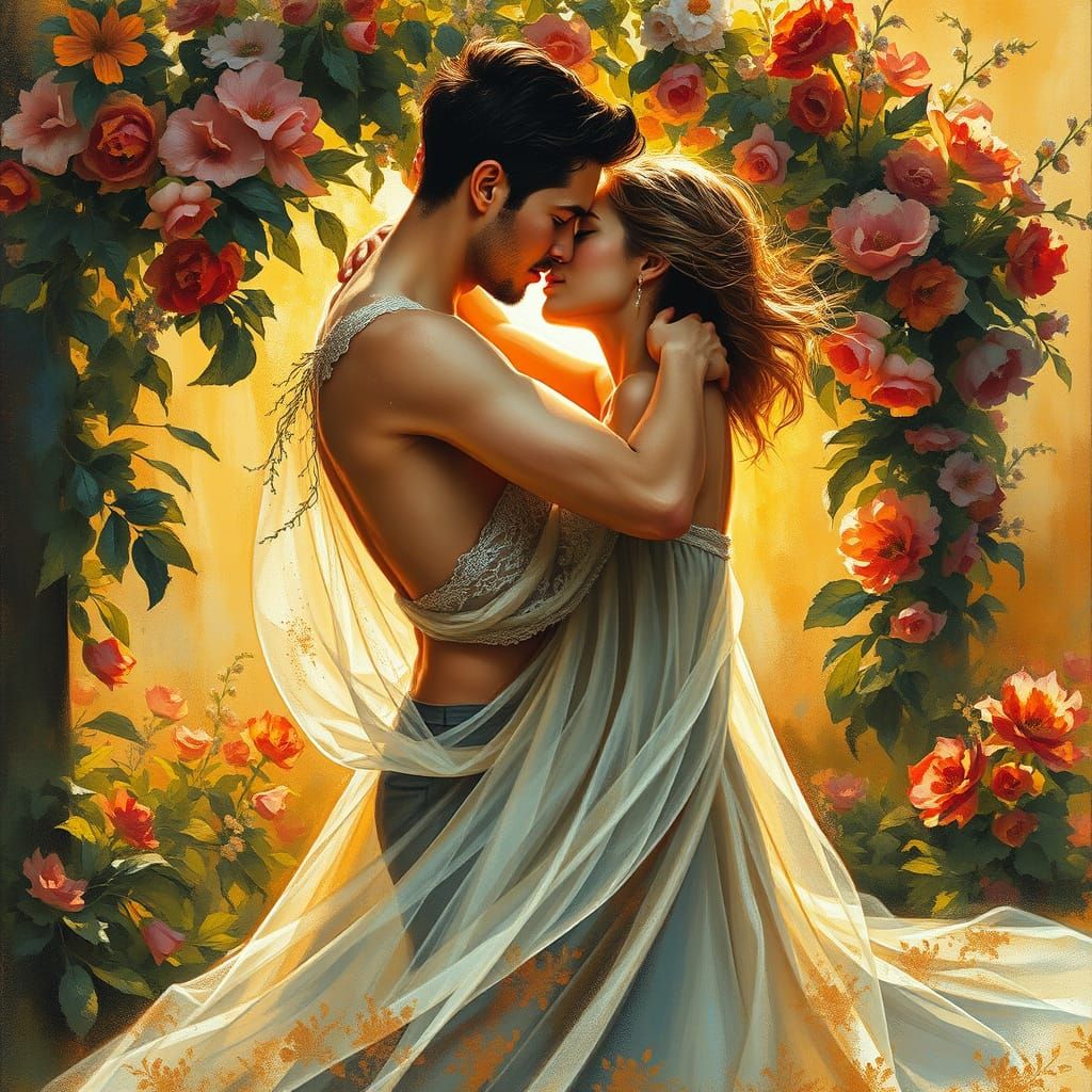 Surreal Romantic Couple in Whirlwind of Passion, Golden Ligh...