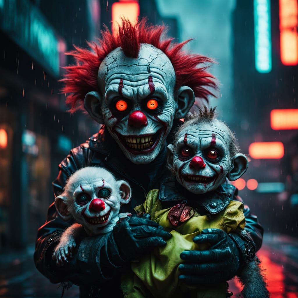 Cyberpunk Zombie Monkey Monster Clown in Neon-Lit Dystopia