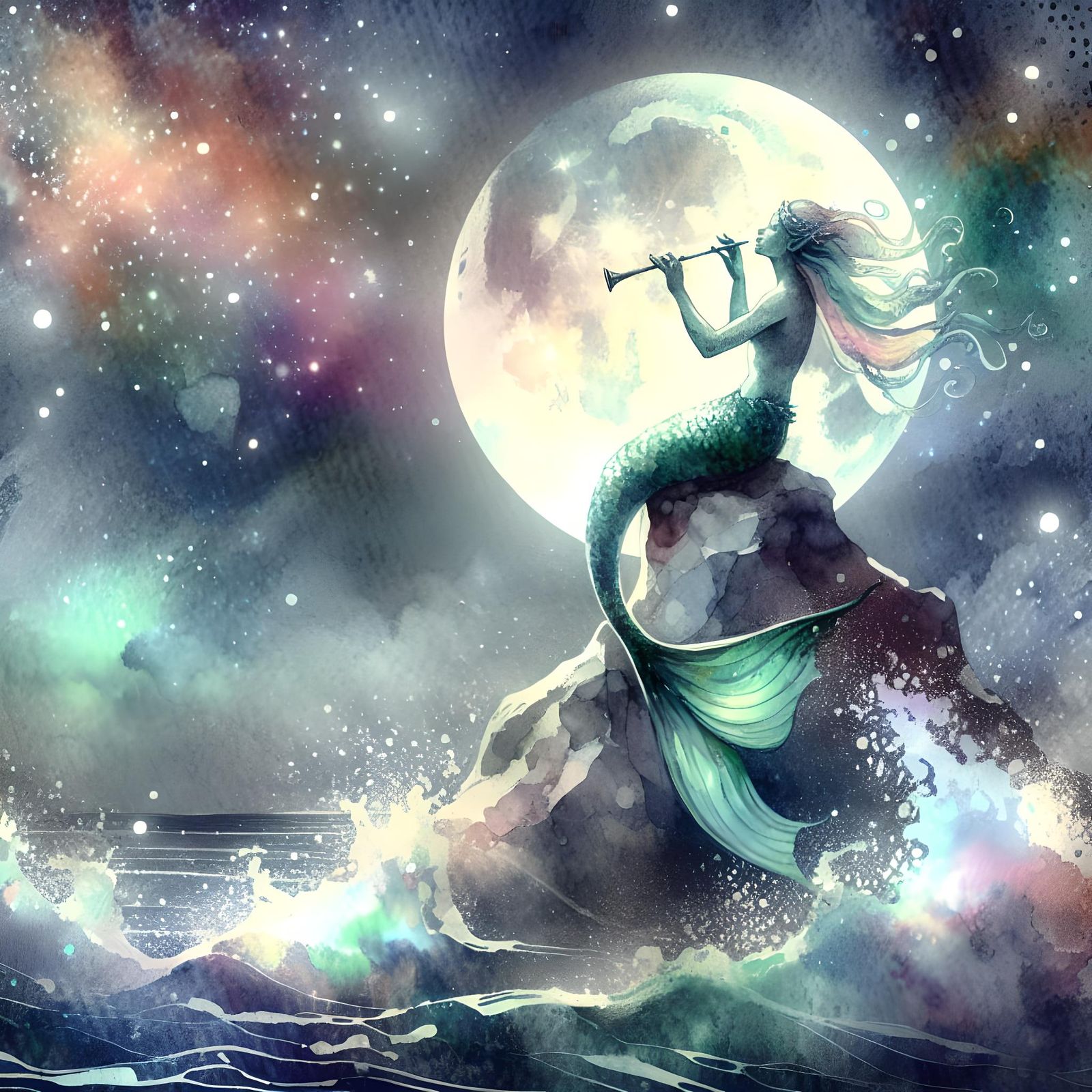 Mermaid's Moonlit Song in Iridescent Watercolor