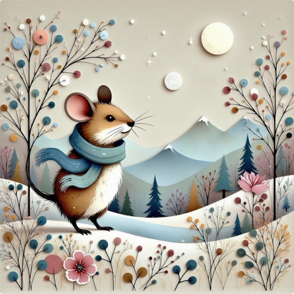 Winter Wonderland Paper Art with Delicate Mouse in Shimmerin...