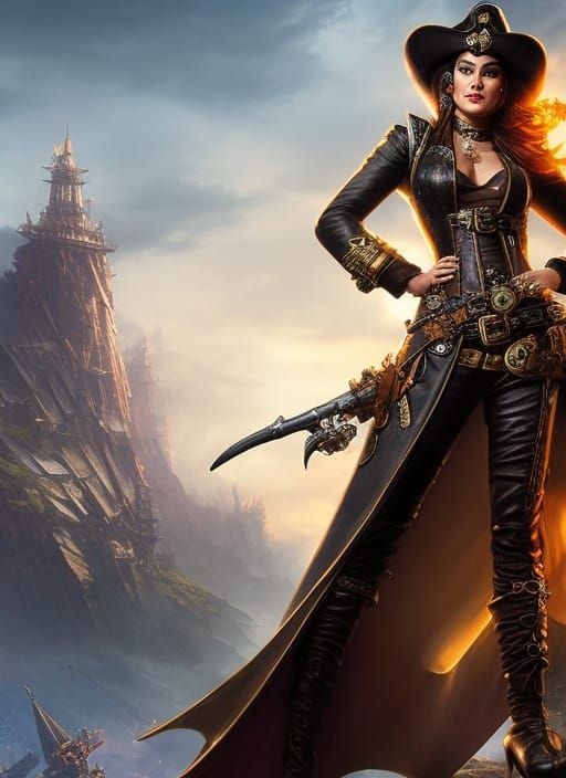 Steampunk Airship Pirate Woman in Detailed Digital Painting