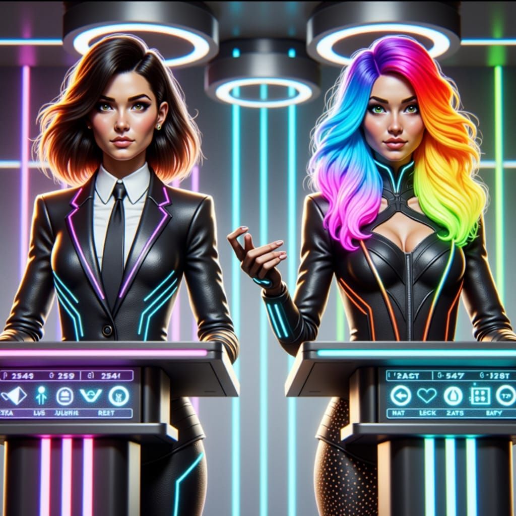 Nova and Spark in Futuristic Courtroom, Syd Mead Style