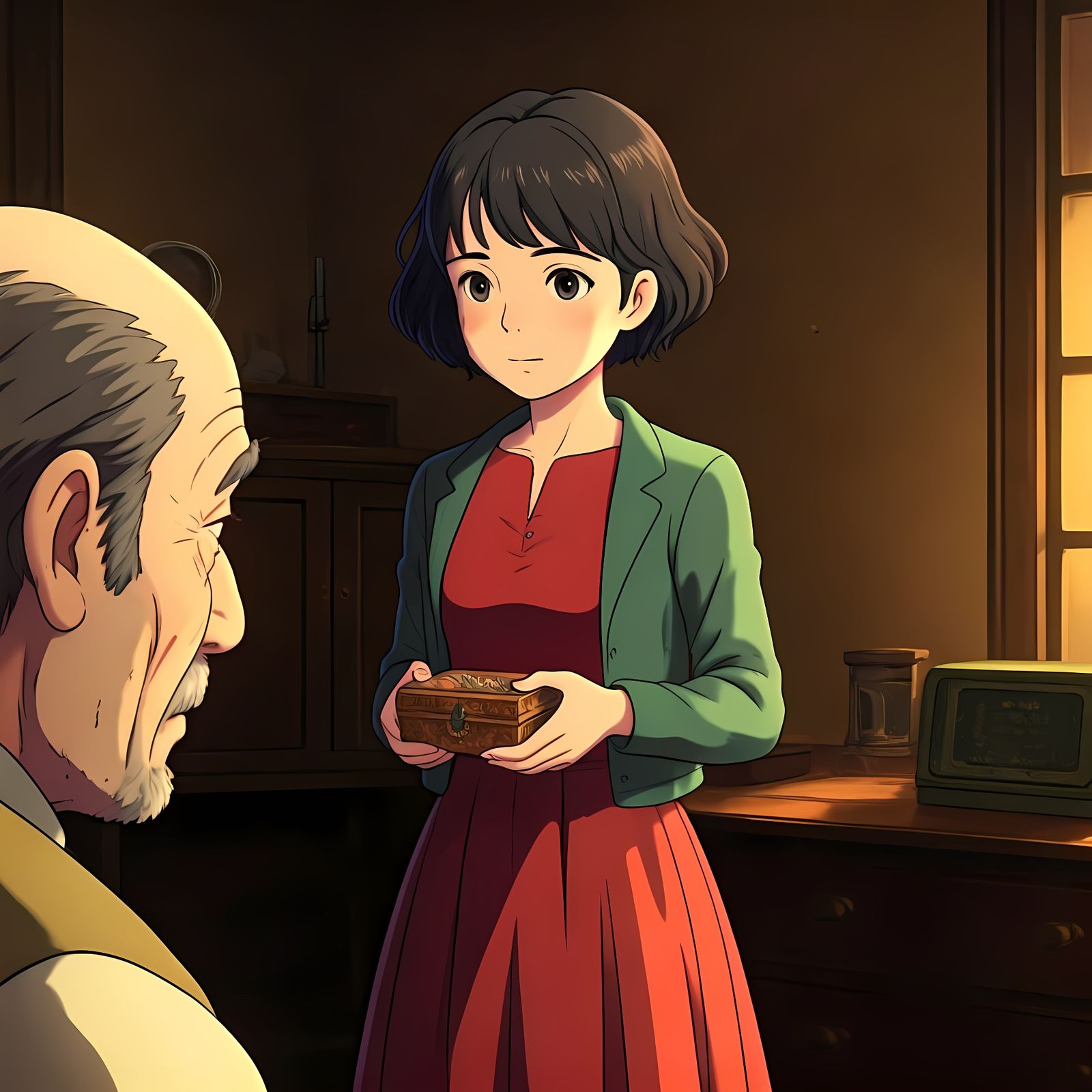 Anime-Style Amelie Shares a Gift with a Man