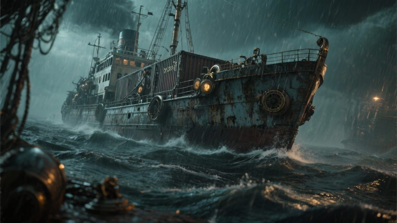 Steampunk Ship in Storm: Cinematic Film Still