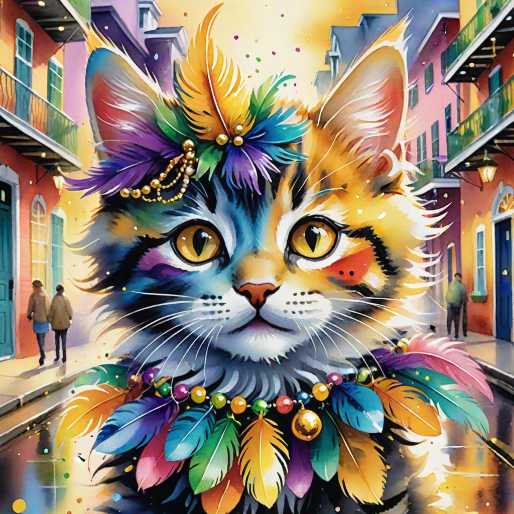 Whimsical Watercolor Kitten in Mardi Gras Attire