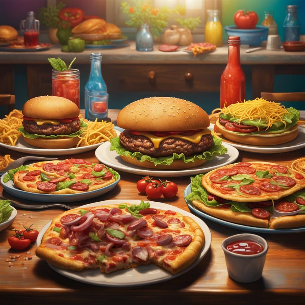 Hyperrealistic Pizza, Burgers, and Tacos on Table
