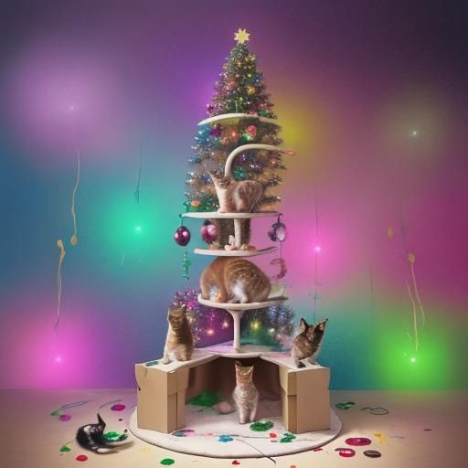 Festive Cat Tree: a Cosmic Watercolour Illustration