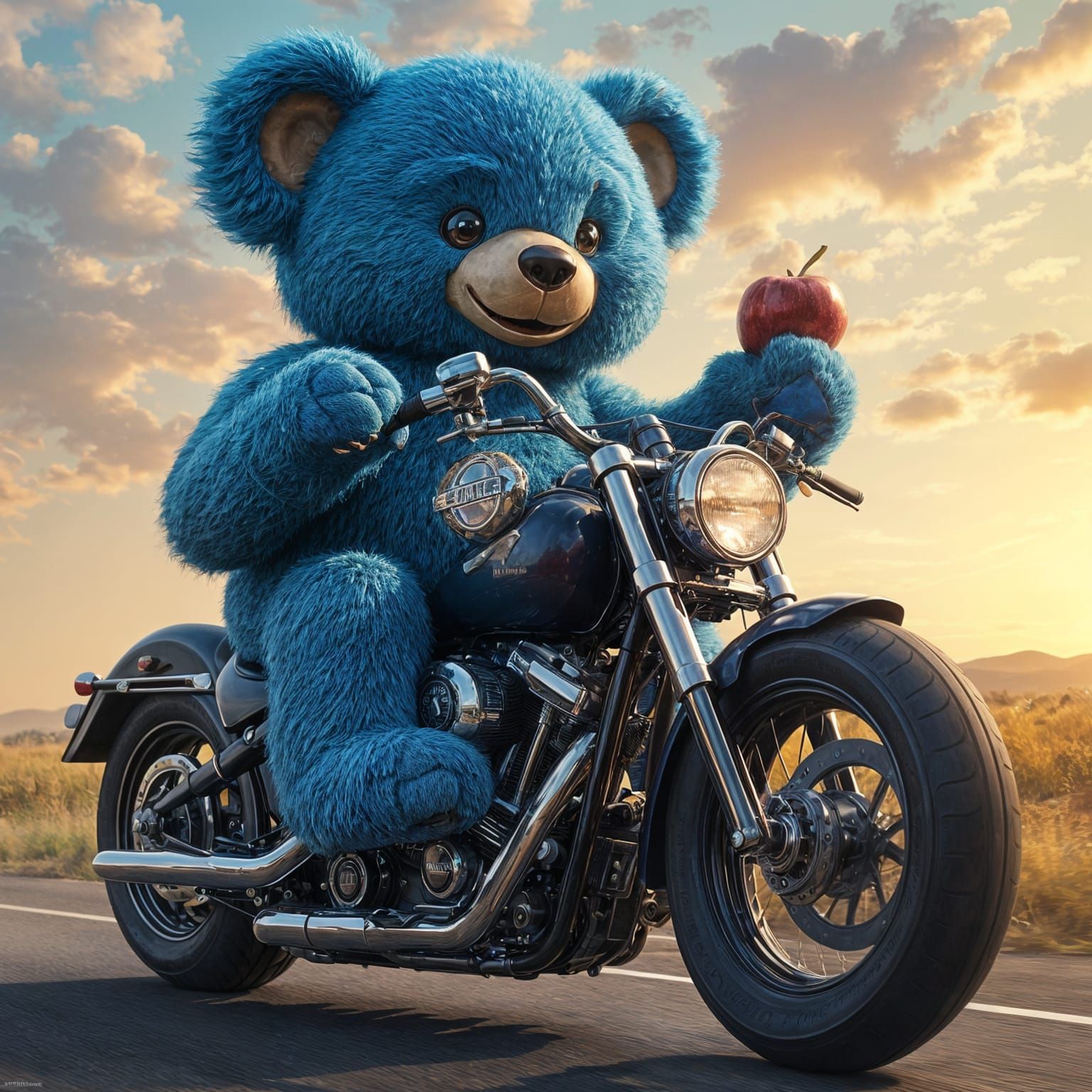 Blue Teddy Bear Rides Motorcycle: Detailed Matte Painting