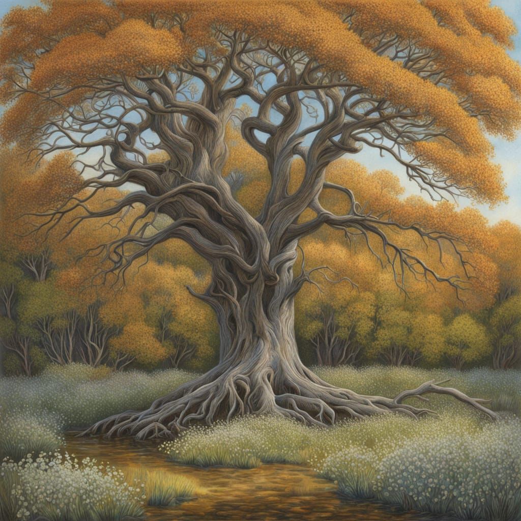 Barren Tree Surrounded by Flowers: Colored Pencil Drawing