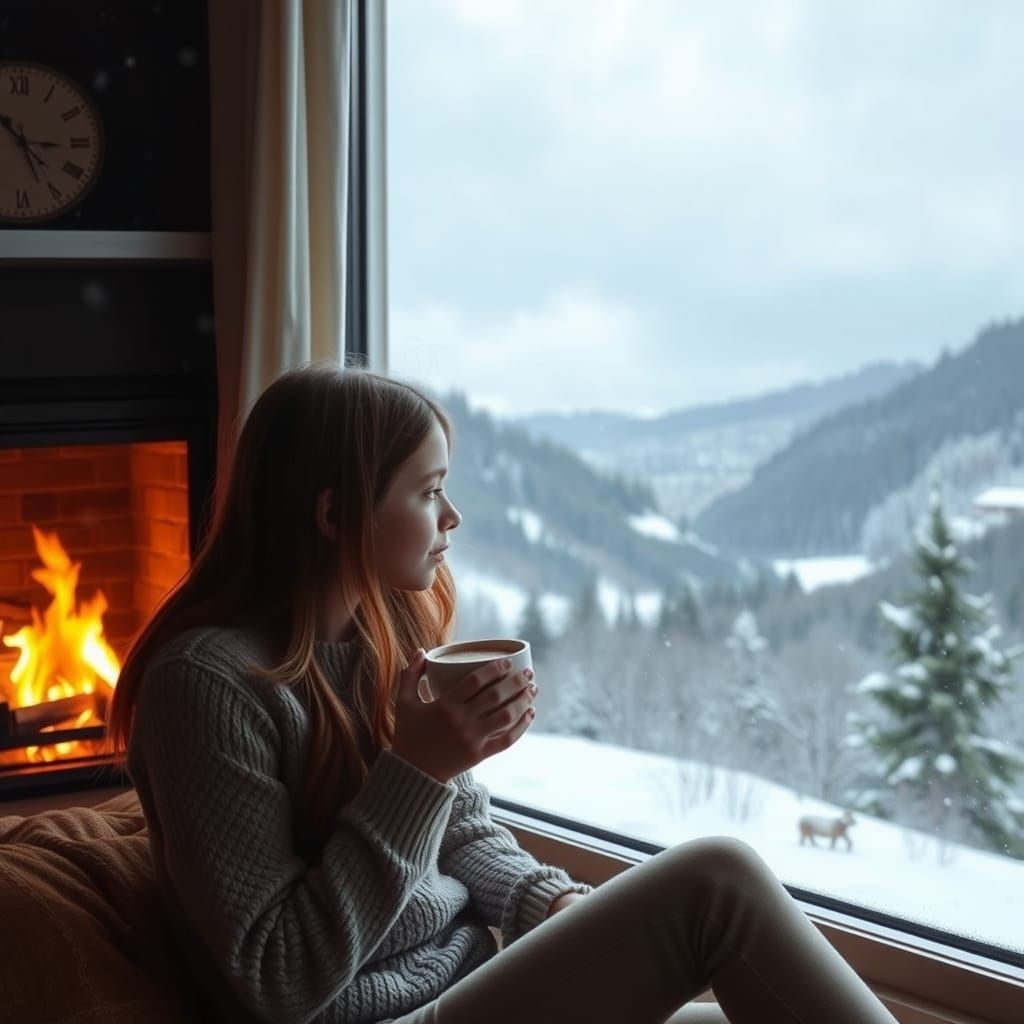 Cozy Winter Scene: Girl by Window with Hot Chocolate
