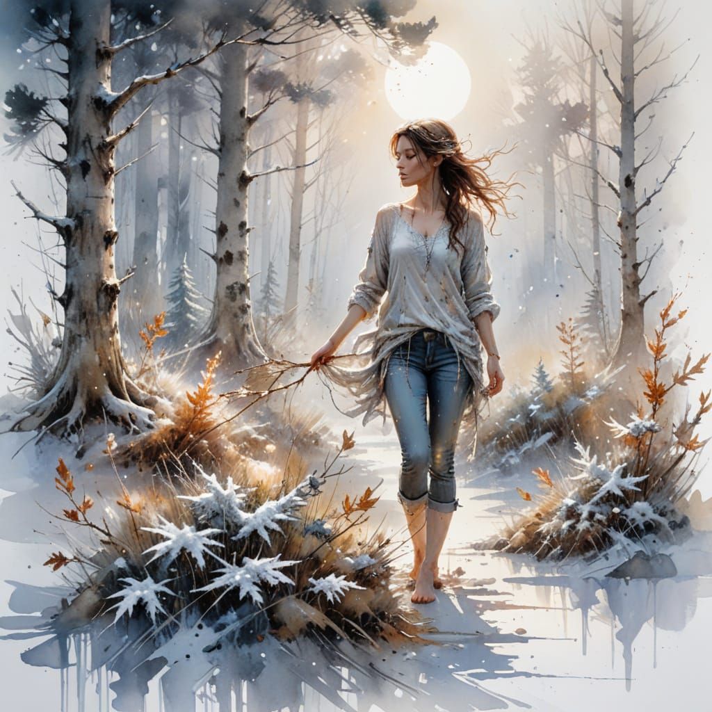 Moonlit Winter Woodland in Watercolor Style