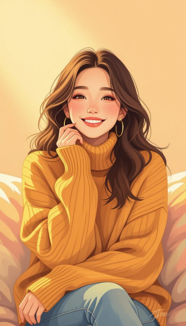 Radiant Woman in Golden Light, in Kawaii Style