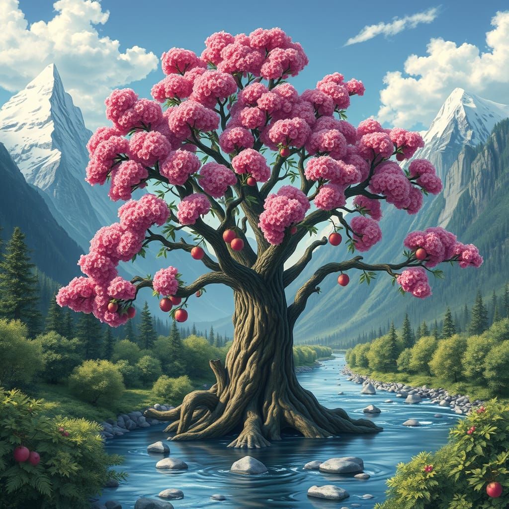 Pink Blossom Tree Between Mountains, Romantic Landscape