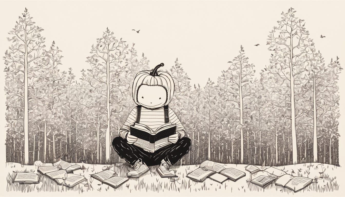 Cute Pumpkin Boy Reading Book in Forest Line Art