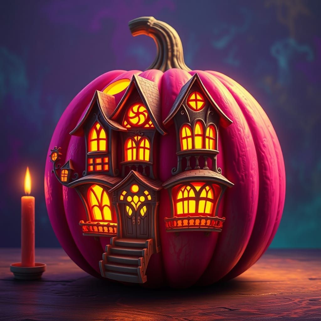 Glowing Pink Pumpkin with Haunted House Facade