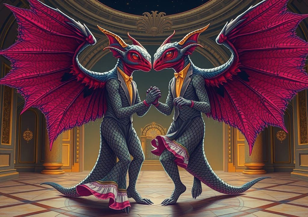 Winged Monsters Dancing in Golden Ballroom, Moebius Style