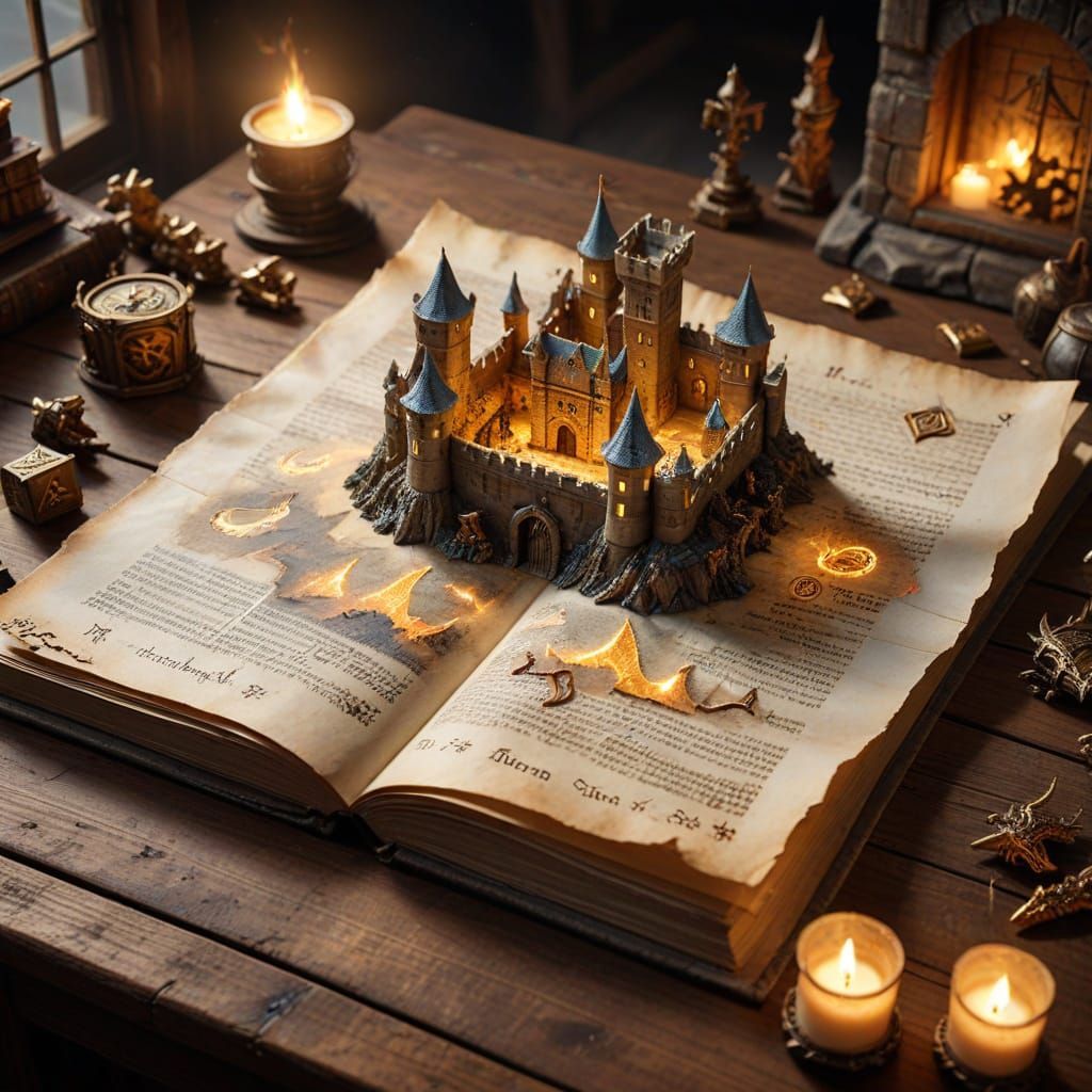 Glowing Runes on Ancient Parchment with 3D Castle Scene