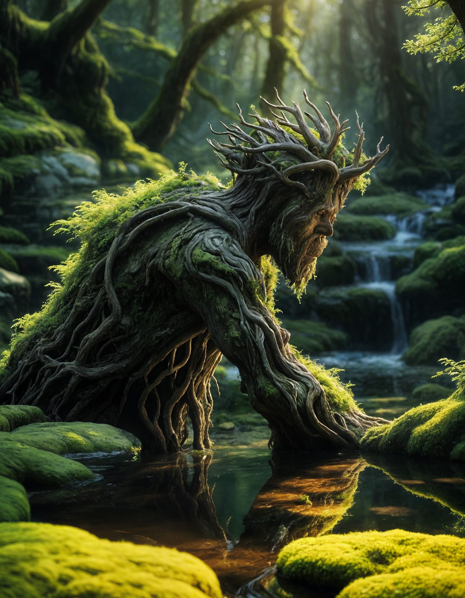 Ancient Tree Person Whispering to Moss