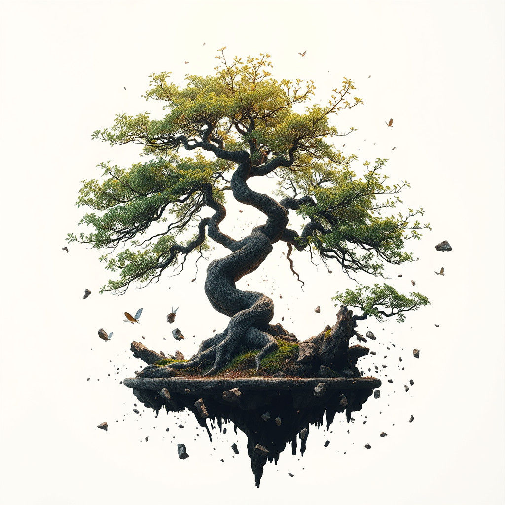 Dissolving Bonsai Tree: Surrealist Oil Painting