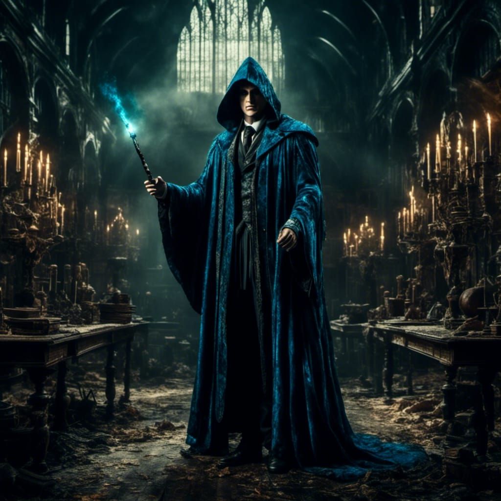 Harry Potter in Blue Cloak at Hogwarts