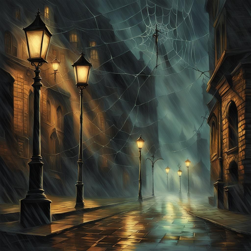 Gothic Spiderweb Glistening in Noir Cityscape