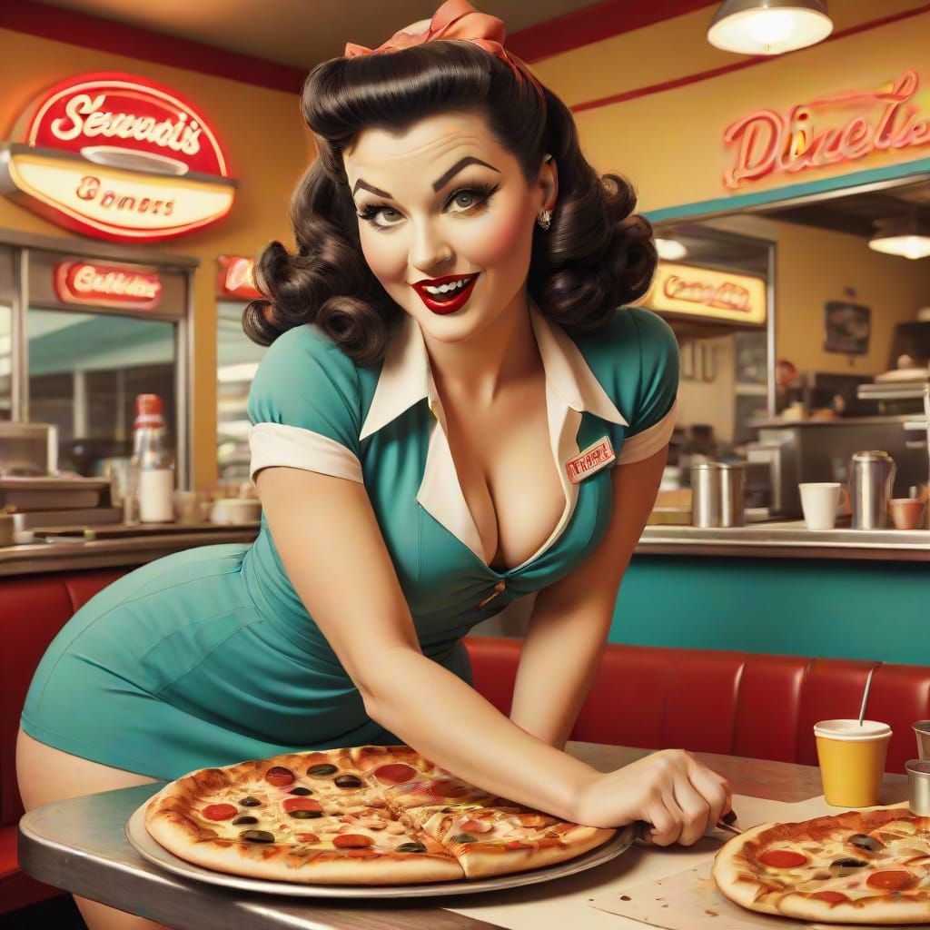 Sultry 50's Pinup Diner Girl Serves Hot Pizza with Sensual F...