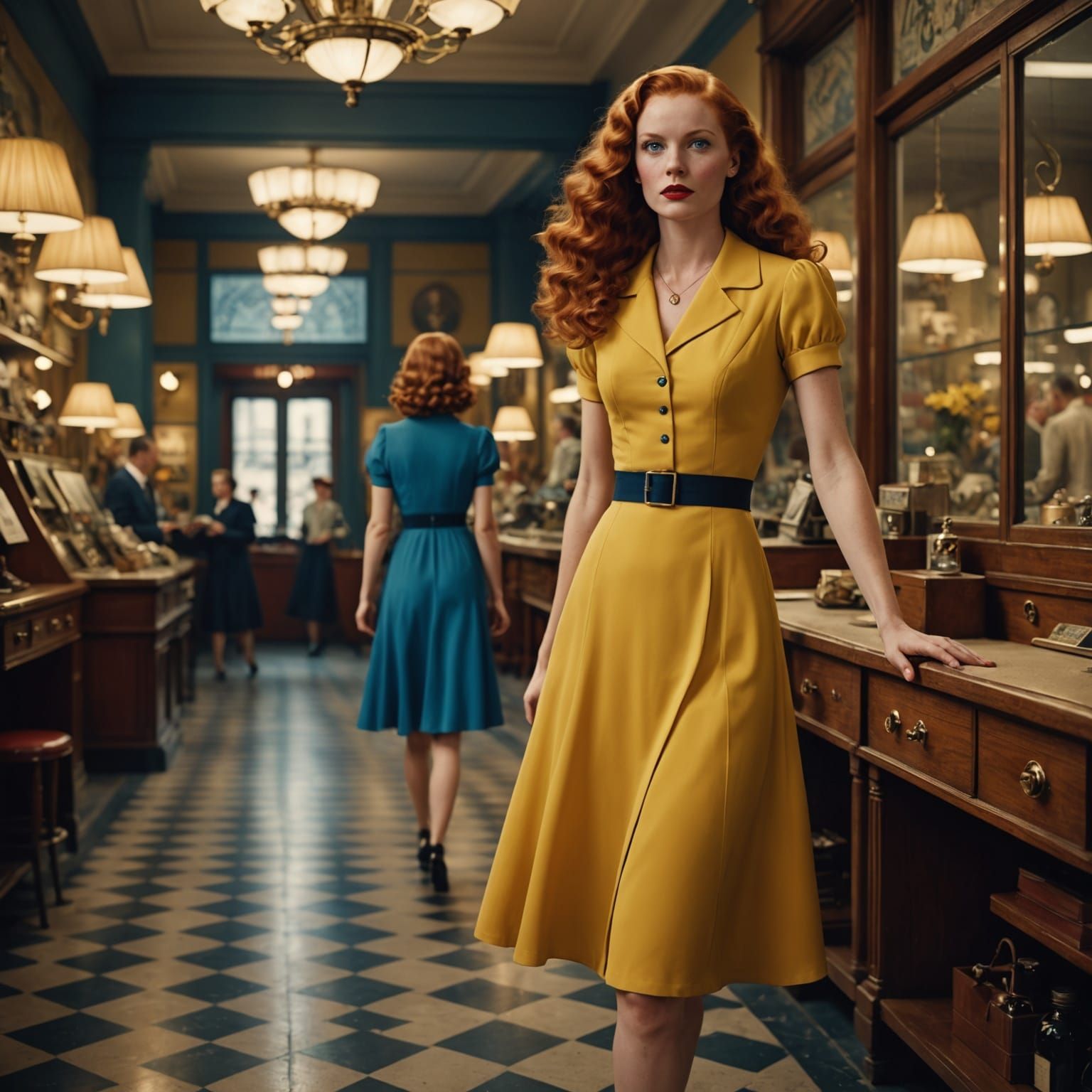 Woman in 1940s Yellow Dress, Detailed Matte Painting