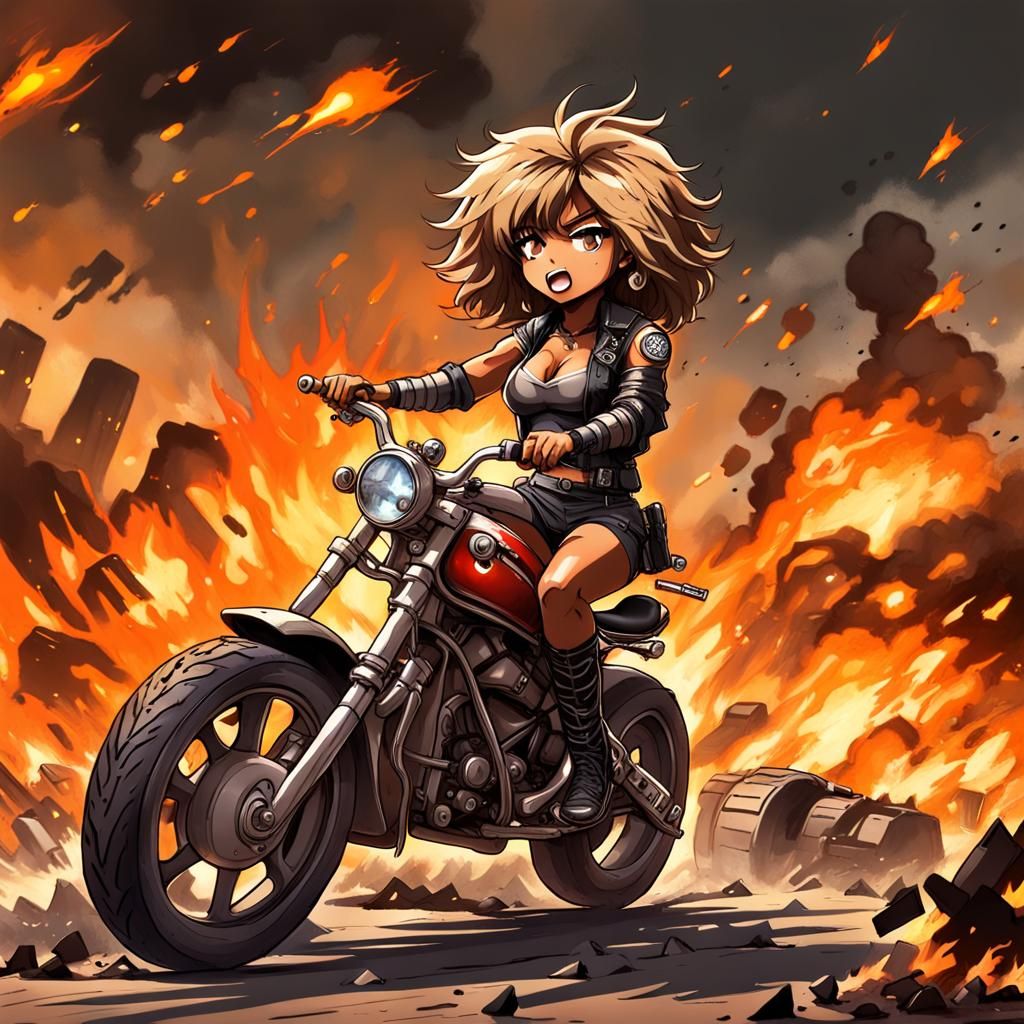Chibi Tina Turner Rides Mad Max Bike: Anime Art