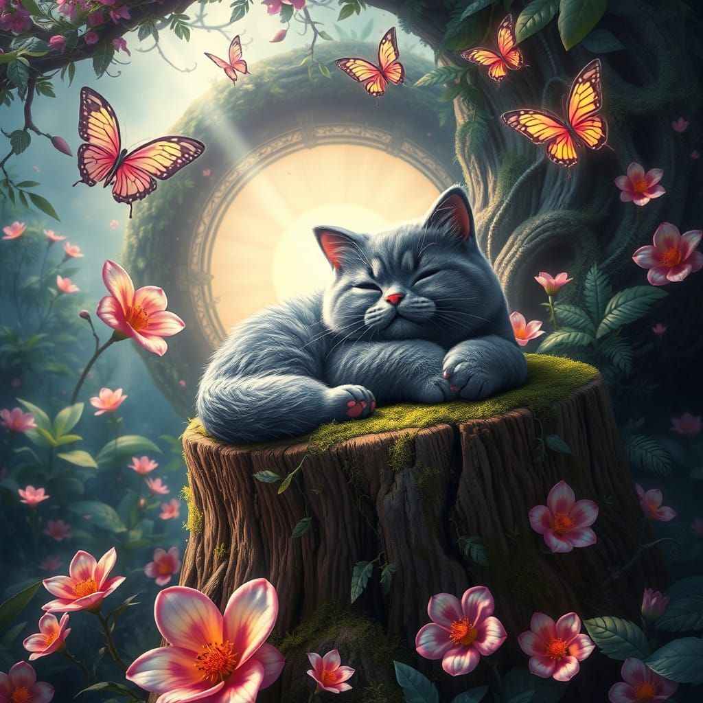 Chubby Grey Cat in Whimsical Mossy Wonderland