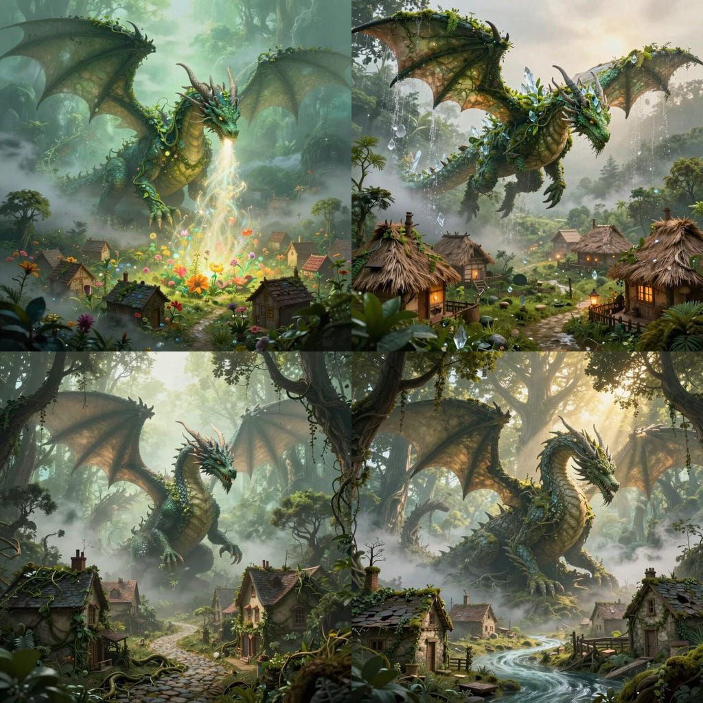 Ethereal Nature Dragon Ravages Village in Fantasy Art
