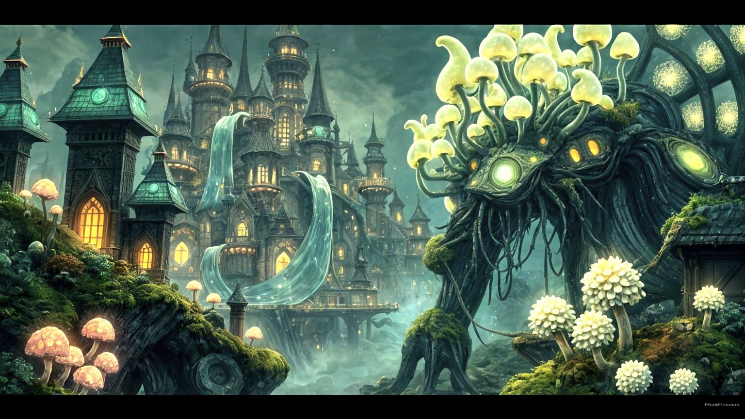 Surreal Bioluminescent Cityscape in Isekai Anime Style