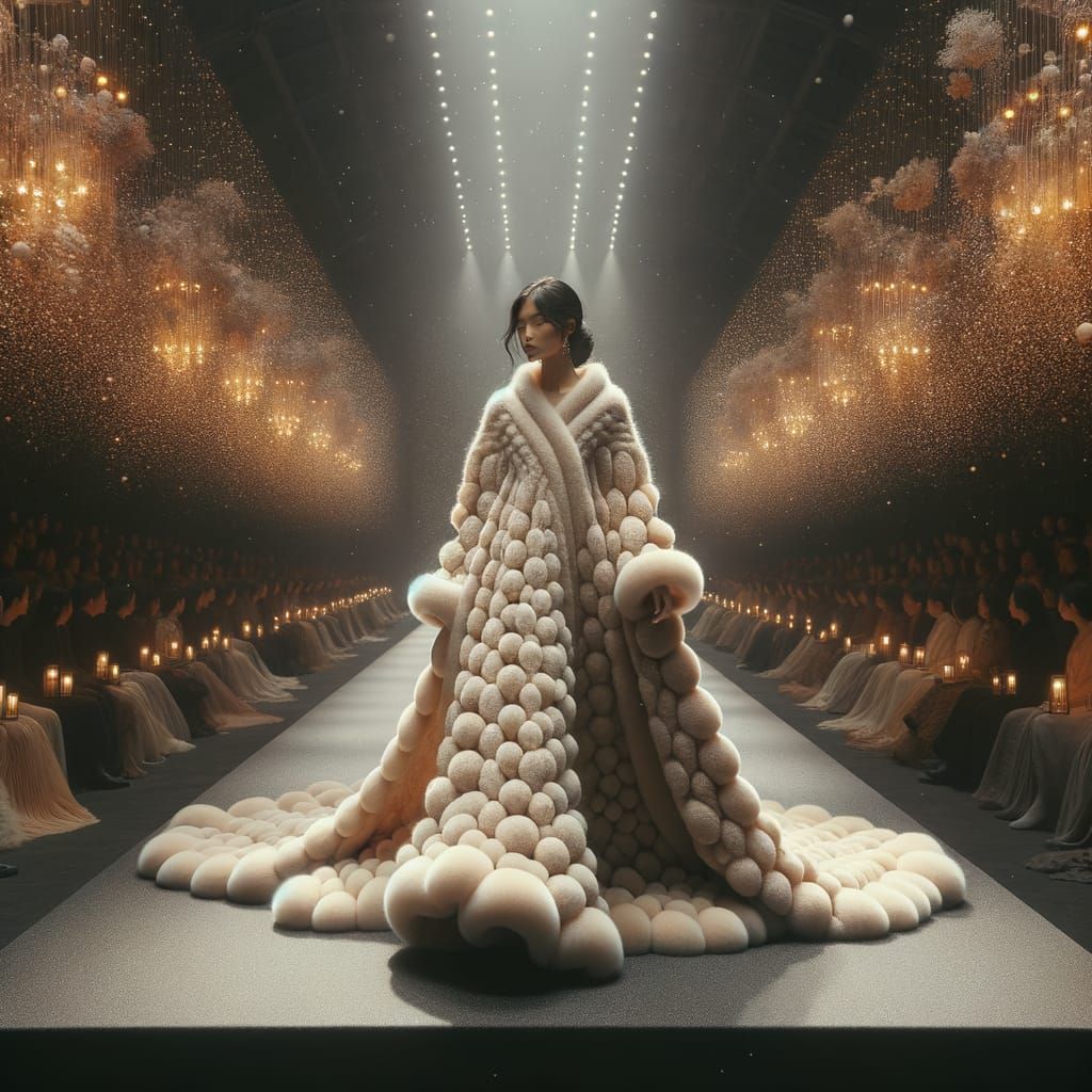 High-Fashion Model in Plush Gown on Minimalist Runway