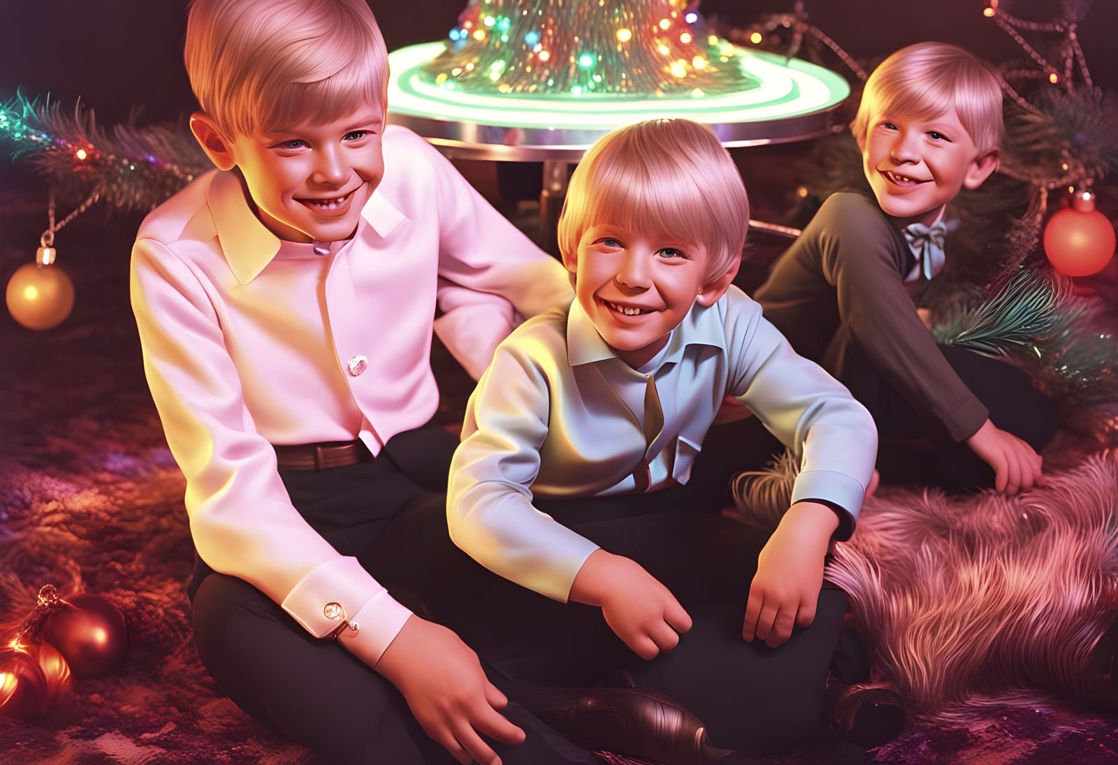 Vintage Christmas Brothers Gather Around Glowing Aluminum Tr...