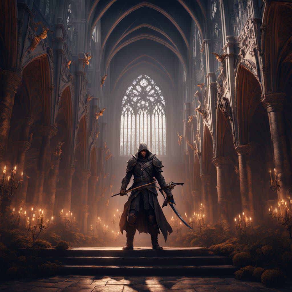 Vampire Hunter in Gothic Cathedral, Detailed Matte Painting