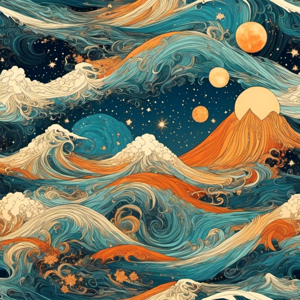 Abstract Night Sky with Moon and Ocean Waves