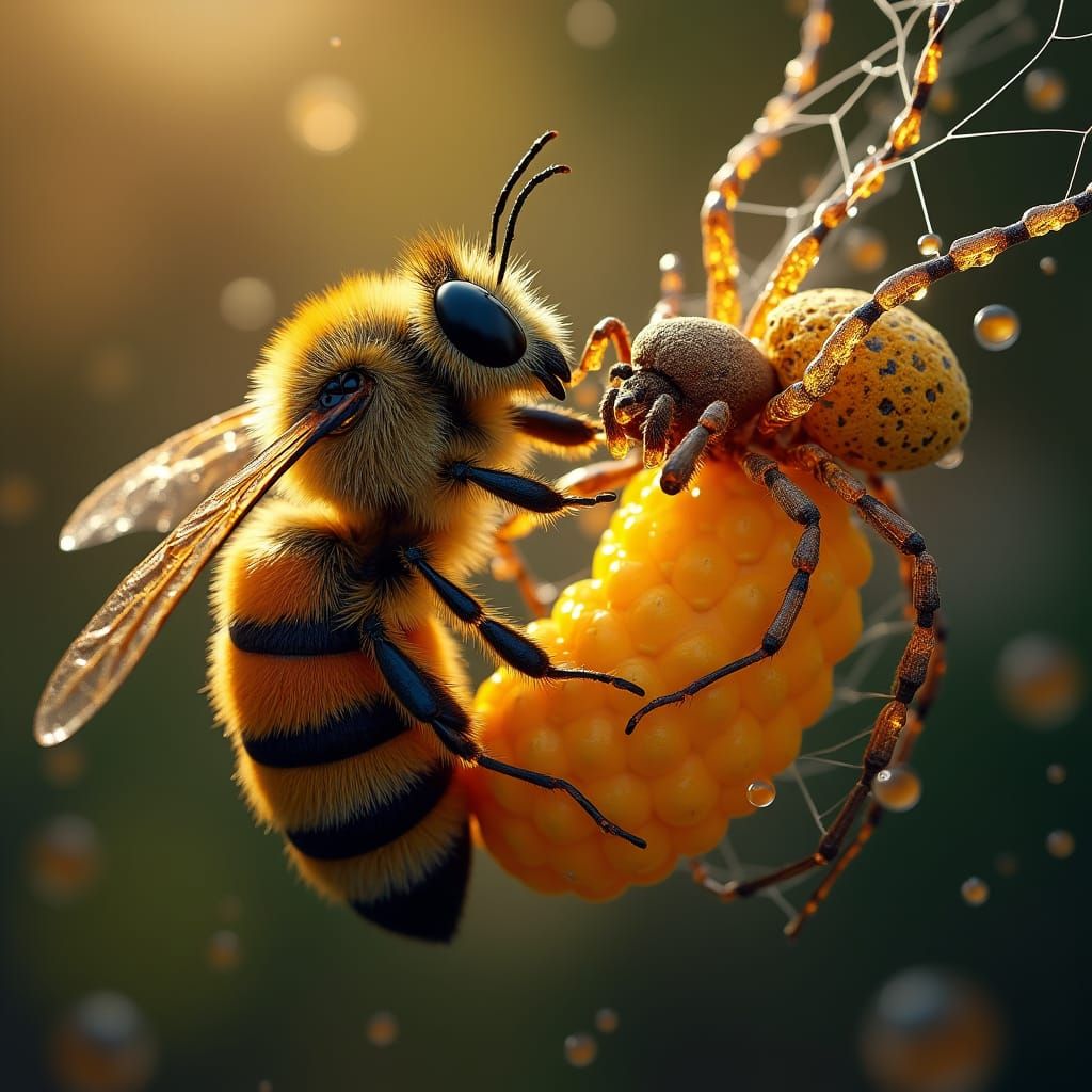 Bee and Spider Sharing Web with Golden Dew