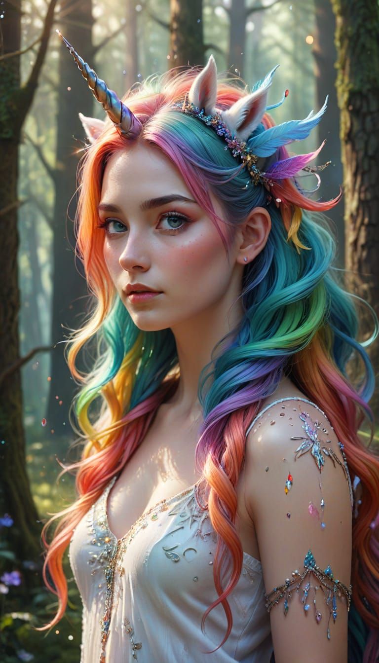 Woman with Unicorn Horn in Fantasy Forest