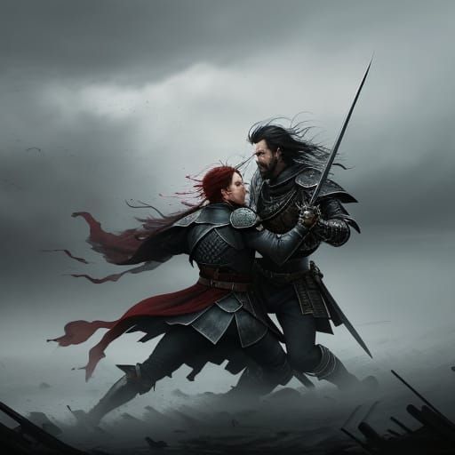 Macbeth's Fierce Battlefield Duel in Dramatic Watercolor