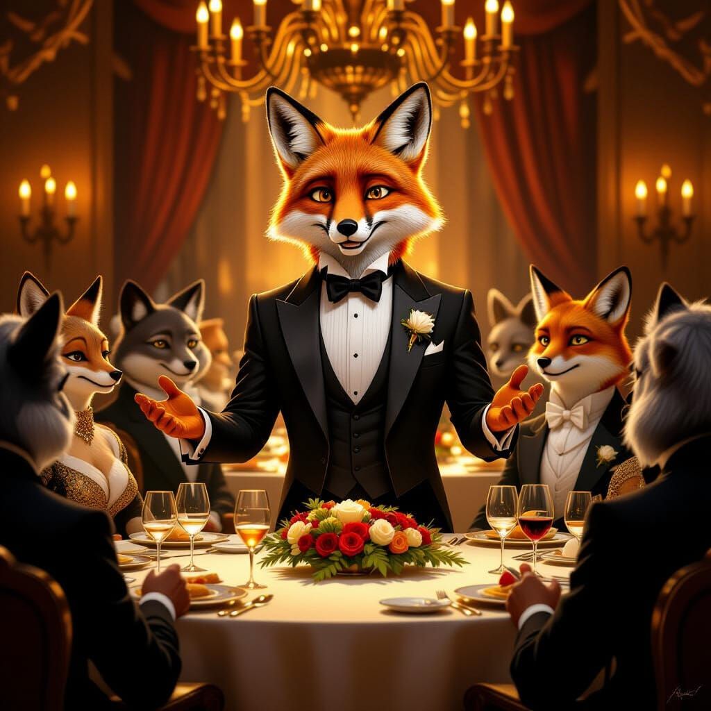 Dapper Fox Addresses Animal Dignitaries: Baroque Fantasy Art