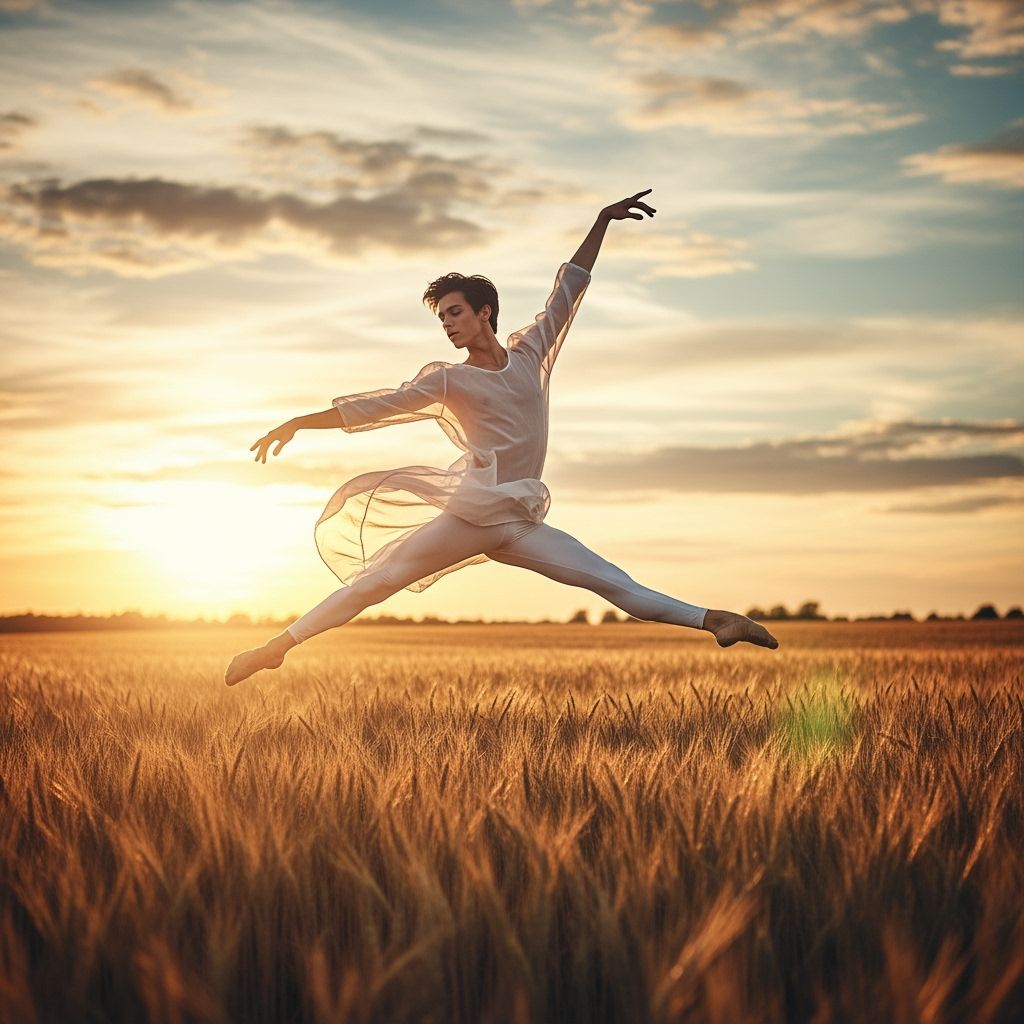 Ballet Dancer Leaping in Golden Wheat Field
