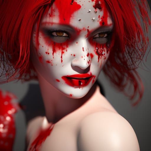 Creepy Hyperrealistic Girl with Bloody Eyes and Red Roses
