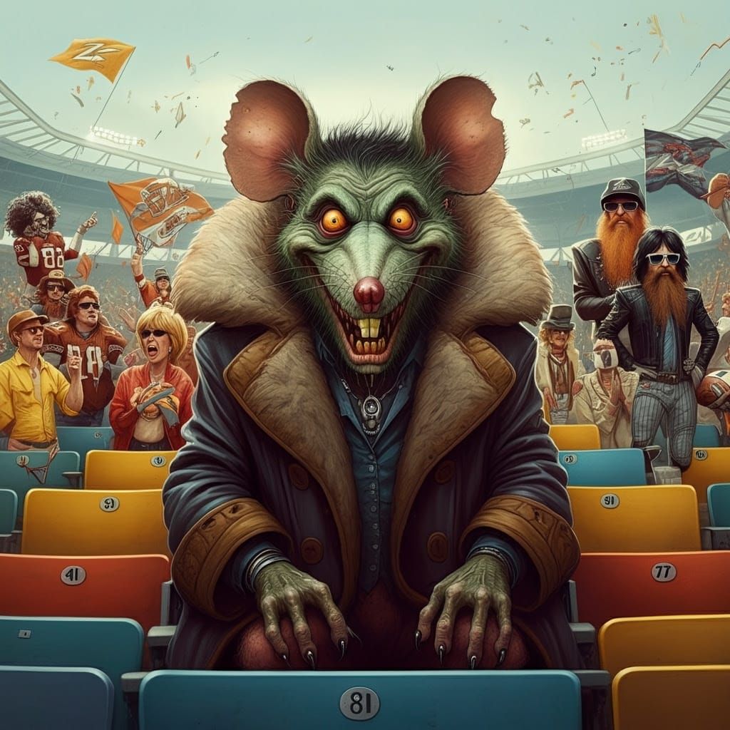 Grotesque Rat-Fink Meets ZZ Top at a Vibrant Football Game