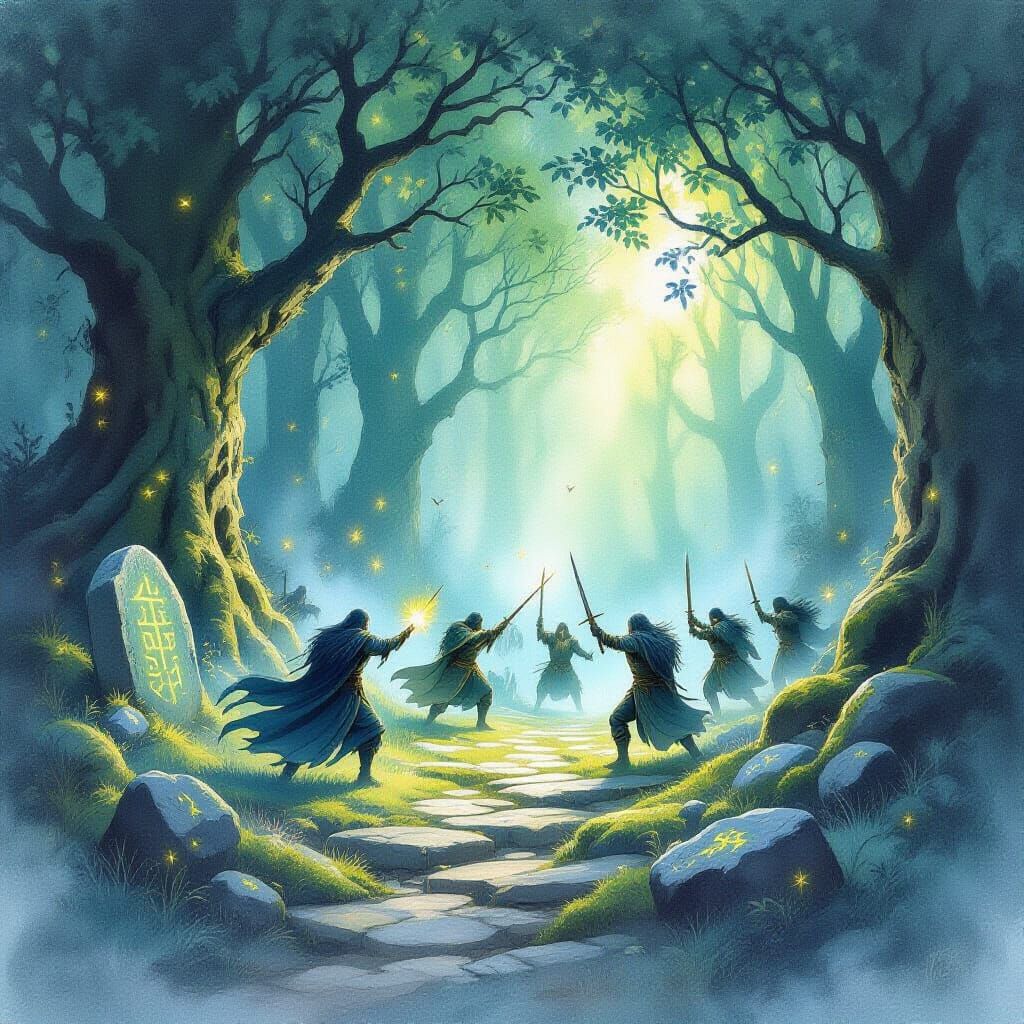 Mystical Forest Battle with Glowing Runes