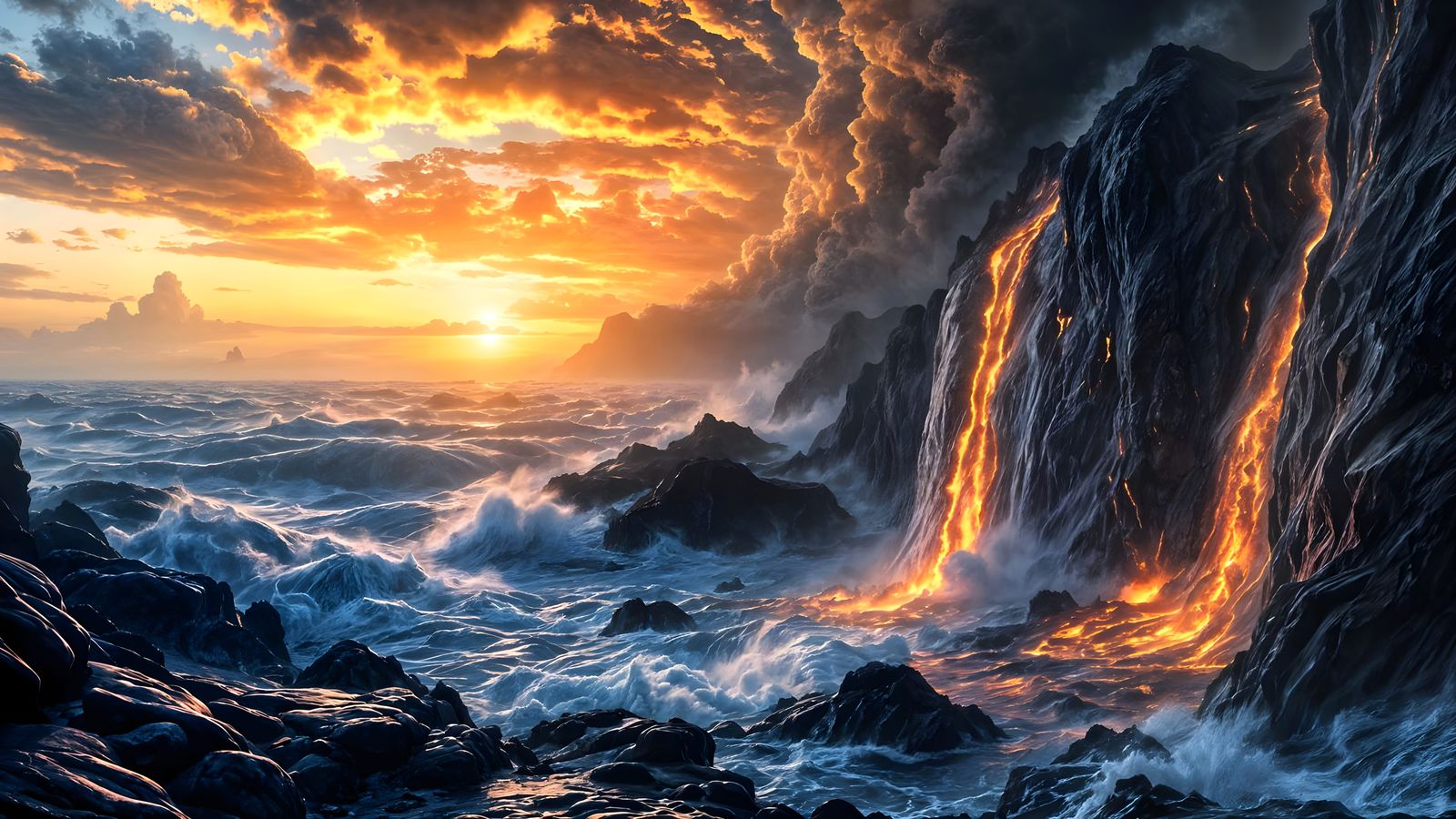 Volcanic Eruption at Sunrise in Dramatic Style