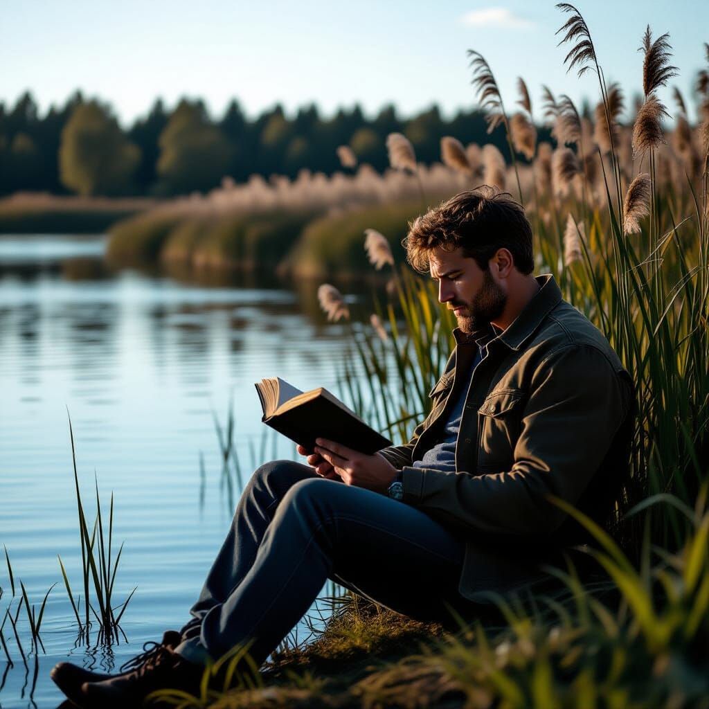 Man Reading by Lake: Cinematic Film Still