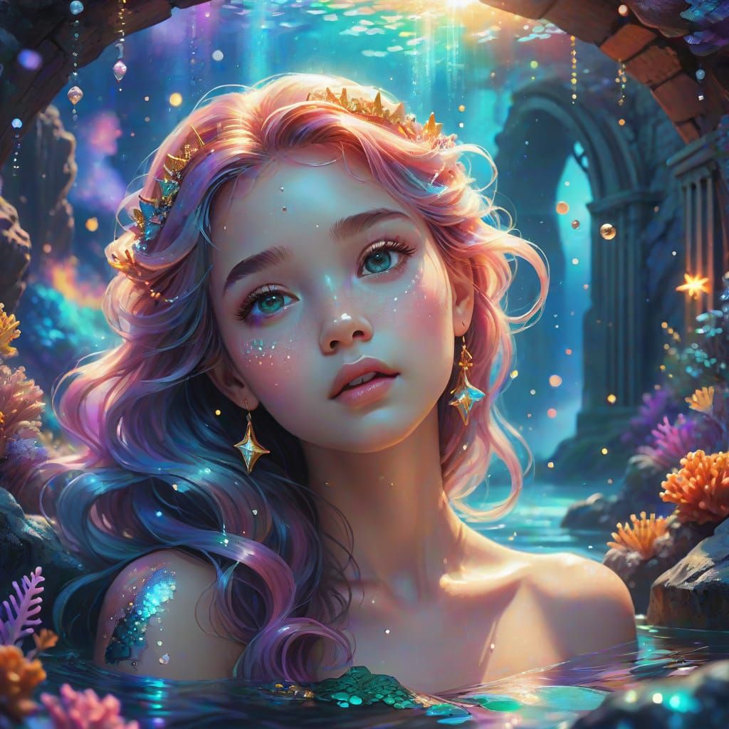 Cosmic Mermaid Crying Before a Golden Gate