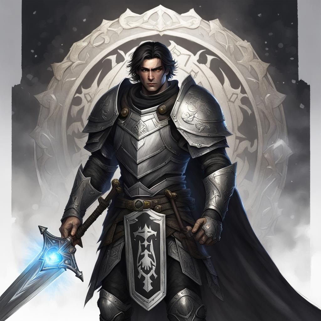 Fallen Aasimar Paladin of Shadows with Glowing Sword