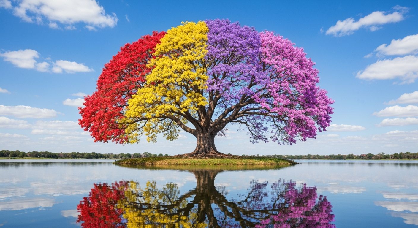 Vibrant Four-Color Tree on Island in Surreal Photorealistic ...