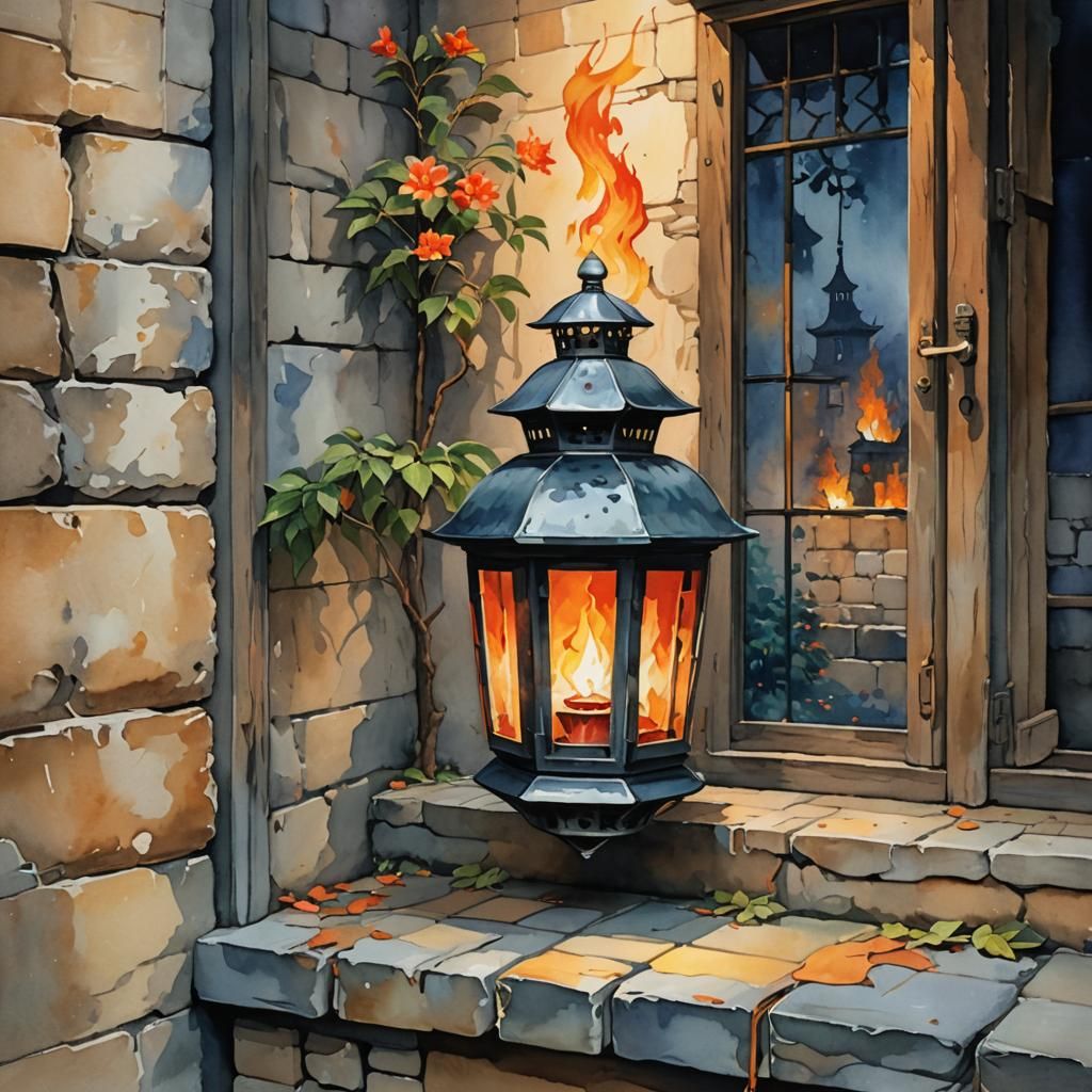Lantern on Stone Sill in Gouache Impressionist Style