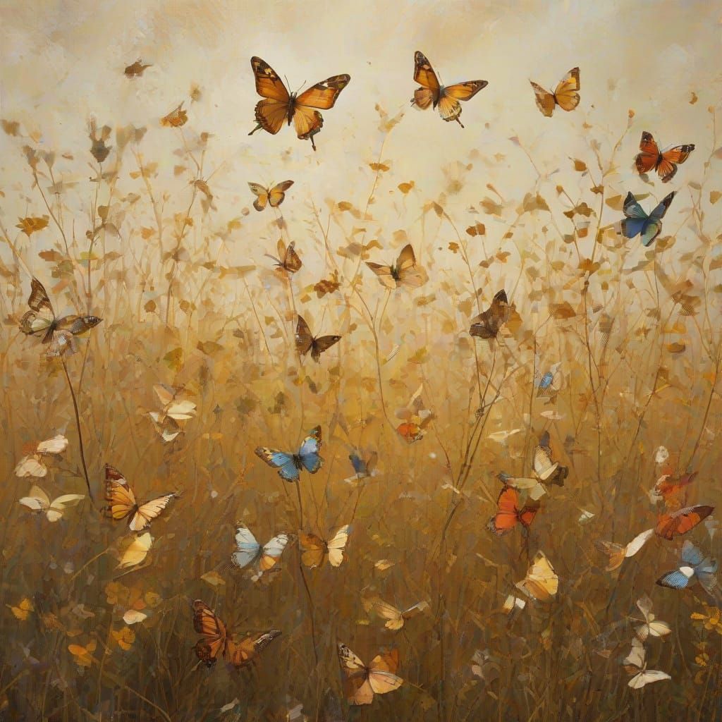 Vibrant Butterfly Swarm in Golden Meadow, Textured Paint